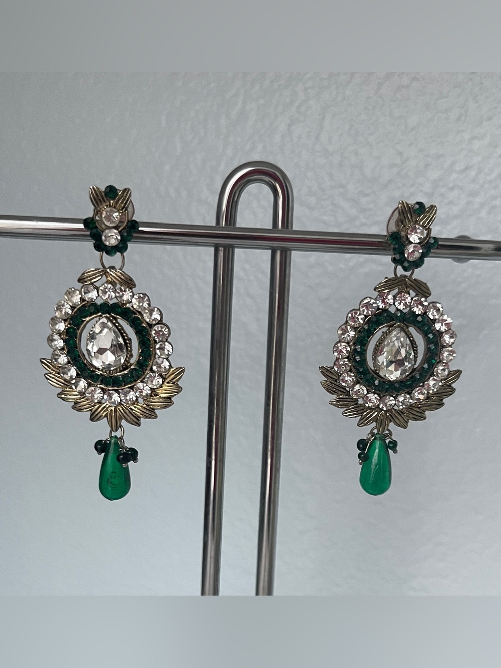 NWO Green Crystal Teardrop Statement Earrings